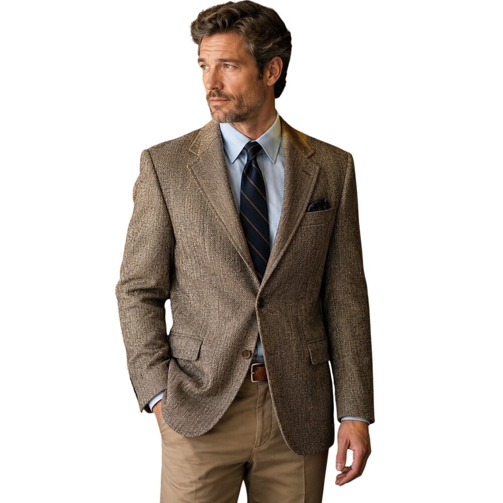 Evan-Picone Men's Two Button Navy and Tan Tweed Sports Jacket, 42 Short